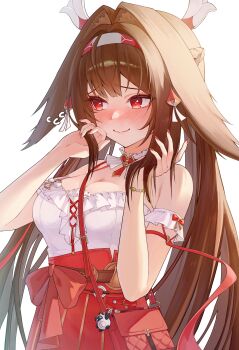 1girl absurdres animal_ear_fluff animal_ears bag blush bow bracelet braid breasts brown_hair cleavage collar criss-cross_straps detached_sleeves droopy_ears embarrassed flying_sweatdrops fox_ears fox_girl frilled_collar frills hair_ornament hashtag-only_commentary headband high-waist_skirt highres hyujjo jewelry long_hair medium_breasts nail_polish official_alternate_costume red_eyes ribbon side_braid sidelocks skirt strap very_long_hair ye_shunguang zenless_zone_zero