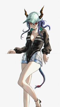 1girl arknights baseball_cap black_jacket blue_hair breasts ch'en_(arknights) ch'en_the_holungday_(arknights) cleavage collarbone dragon_girl dragon_horns dragon_tail eastern_dragon_tail grey_background hat highres horns horns_through_headwear jacket looking_at_viewer medium_breasts mrsillust official_alternate_costume partially_open_jacket red_eyes simple_background solo tail white_hat