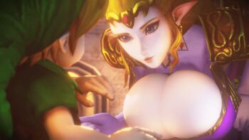1boy 1girl 3d age_difference animated animated_gif blonde_hair blue_eyes breasts cleavage earrings female_focus gloves highres jewelry large_breasts link long_hair n-nurico nintendo pointy_ears princess_zelda the_legend_of_zelda the_legend_of_zelda:_ocarina_of_time young_link