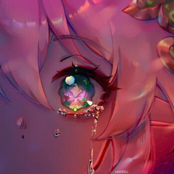 Rule 34 | 1girl, artist name, close-up, commentary, crying, crying with eyes open, english commentary, eye focus, eye reflection, genshin impact, green eyes, hair between eyes, hair ornament, highres, irminsul, maybisu, nahida (genshin impact), reflection, solo, star-shaped pupils, star (symbol), streaming tears, symbol-shaped pupils, tears, white hair
