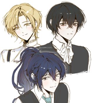 Rule 34 | 3boys, bags under eyes, black eyes, black hair, black vest, blonde hair, blue bow, blue bowtie, blue eyes, blue hair, bow, bowtie, commentary request, cropped torso, crossed bangs, curtained hair, frilled shirt, frills, hair between eyes, heterochromia, high ponytail, highres, hong lu (project moon), limbus company, long hair, looking at viewer, multiple boys, official alternate costume, ponytail, project moon, shirt, short hair, sinclair (project moon), ssaamm22222, suspenders, turtleneck, turtleneck shirt, vest, white background, white bow, white shirt, yellow eyes, yi sang (project moon)