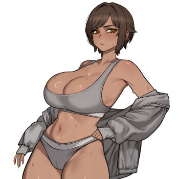 1girl blush breasts brown_eyes brown_hair cameltoe cleavage closed_mouth commentary cowboy_shot dated_commentary ear_piercing earrings female_focus grey_jacket grey_sports_bra hand_on_own_hip highres jacket jacket_partially_removed jewelry limbus_company looking_at_viewer navel outis_(project_moon) piercing project_moon simple_background solo sports_bra sweat waste22 white_background