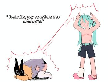 Rule 34 | 1girl, 1other, black bow, black shorts, blonde hair, blue hair, bow, closed eyes, commentary, english commentary, english text, gender transitioning, hatsune miku, headband, highres, kagamine rin, long hair, mastectomy scar, meme, pain, pink slippers, projecting my period cramps (meme), scar, scar on chest, short hair, shorts, simple background, single sock, slippers, socks, sweat, the fukarana, thighhighs, vocaloid, white background, white thighhighs