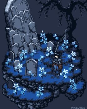 animated animated_gif armor artist_name bare_tree black_hair blue_theme commentary elden_ring english_commentary flower grey_background highres holding holding_sword holding_weapon outdoors petals pixel_art pixelhoo pouch standing sword tarnished_(elden_ring) tombstone tree weapon