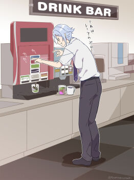 1boy :d belt beverage_dispenser black_belt black_pants black_shoes blue_hair checkered_floor contemporary cup drink from_side full_body genshin_impact hair_between_eyes hands_up highres indoors kamisato_ayato kamisato_ayato_(heytea) looking_at_object male_focus medium_hair necktie open_mouth pants pressing_button purple_necktie shirt shoes short_sleeves sign smile solo soranomonooki standing translated twitter_username white_shirt