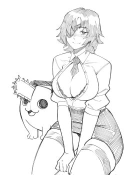 1girl aneurysm_ax between_breasts blush breasts chainsaw_man cleavage closed_mouth collared_shirt eyepatch greyscale highres himeno_(chainsaw_man) large_breasts looking_at_viewer monochrome necktie necktie_between_breasts pencil_skirt pochita_(chainsaw_man) shirt short_hair short_sleeves sitting skirt smile solo thick_thighs thighhighs thighs