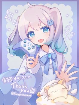 1girl :3 :d ahoge animal aqua_hair blue_bow blue_bowtie blue_eyes blue_skirt blush border bow bowtie brooch cat collared_shirt commission controller double-parted_bangs drawn_wings english_text fang flat_chest gradient_hair grey_background grey_sweater hair_between_eyes hair_ornament hands_up holding holding_controller jacket jewelry kurage_natsume long_sleeves looking_at_viewer medium_hair mixed-language_text multicolored_hair open_clothes open_jacket open_mouth original outside_border pillow puffy_long_sleeves puffy_sleeves purple_border shirt simple_background skeb_commission skirt sleeves_past_wrists smile solo sparkle sweater translation_request turning_head twintails twitter_username two-tone_hair upper_body white_hair white_jacket white_shirt