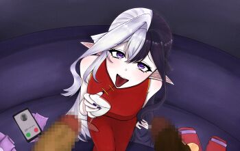 Rule 34 | 1girl, 2boys, black hair, breasts, cellphone, censored, china dress, chinese clothes, couch, cum, cum in container, cum in cup, cup, dress, eileennoir, gokkun, highres, holding, holding cup, hongbao, indie virtual youtuber, large breasts, long hair, looking at viewer, mosaic censoring, multicolored hair, multiple boys, on couch, open mouth, penis, phone, pointy ears, purple eyes, red dress, silverpipe, sitting, sleeveless, solo focus, tongue, tongue out, two-tone hair, virtual youtuber, white hair