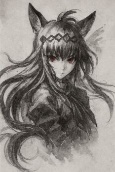 1girl animal_ears aya_(drwe3273) closed_mouth commentary_request greyscale highres horse_ears horse_girl long_hair looking_at_viewer monochrome neckerchief oguri_cap_(umamusume) red_eyes shirt solo traditional_media umamusume