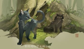 animal animal_focus blue_eyes cat chinese_commentary chinese_text cinderpelt commentary_request forest grey_cat highres in-universe_location leaf looking_at_another mouth_hold nature no_humans orange_eyes outdoors qianyixuan59758 scar scenery sitting the_prophecies_begin translation_request tree warrior_cats yellowfang