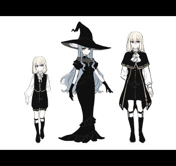 2girls absurdres age_progression ascot bang_dream! bang_dream!_it&#039;s_mygo!!!!! black_capelet black_dress black_gloves black_hat black_socks blonde_hair blue_hair brooch capelet chinese_commentary commentary_request dress gloves hair_between_eyes hat highres jewelry kneehighs long_hair long_sleeves medium_hair misumi_uika multiple_girls purple_eyes shirt sidelocks simple_background socks togawa_sakiko usamin_(megumikira) white_ascot white_background white_shirt witch_hat yellow_eyes