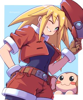 1girl artist_name blonde_hair breasts capcom covered_navel data_(mega_man) gloves green_eyes grin hat highres holding holding_unworn_clothes holding_unworn_hat ishigaki02 jacket legs looking_at_viewer medium_breasts medium_hair mega_man_(series) mega_man_legends_(series) monkey one_eye_closed open_clothes open_jacket parted_lips pointy_hair roll_caskett_(mega_man) shorts smile solo thighs unworn_hat unworn_headwear wink