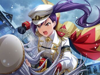 2girls armband black_armband black_gloves blush building cape clenched_hand clothes_grab game_cg gloves grabbing_another's_shirt grey_hair hat jacket liu_mei_fan long_hair long_sleeves looking_at_another mole mole_under_eye multiple_girls official_art open_mouth peaked_cap punching purple_hair red_cape red_eyes shoujo_kageki_revue_starlight shoujo_kageki_revue_starlight_-re_live- side_ponytail snowing solo_focus upper_body v-shaped_eyebrows very_long_hair white_hat white_jacket yukishiro_akira