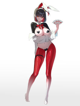 1girl absurdres animal_ears arm_under_breasts black_hair black_shrug blunt_bangs bow bowtie breasts brooch card colored_inner_hair commentary full_body goddess_of_victory:_nikke gradient_legwear groin hand_up heart heart_pasties high_heels highres hiphighs holding holding_card jewelry large_breasts long_sleeves looking_at_viewer maebari multicolored_hair navel off-shoulder_shirt off_shoulder official_alternate_costume pasties rabbit_ears red_eyes red_hair red_hiphighs reverse_bunnysuit reverse_outfit rouge_(nikke) rouge_(unlucky_rabbit)_(nikke) shirt shoes short_hair shrug_(clothing) side_ponytail simple_background smile solo spade_(shape) spade_brooch spade_pasties symbol-only_commentary unbuttoned uz_(uzru0428) white_background white_hiphighs white_shirt white_shoes wide_sleeves wing_collar
