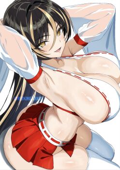 Rule 34 | 1girl, amadea wolfa, armpits, arms up, blonde streaks, blush, breasts, cleavage, collarbone, commentary request, detached sleeves, dolphin wave, hair between eyes, hakama, hakama skirt, highres, huge breasts, japanese clothes, long hair, looking at viewer, nontraditional miko, open mouth, red skirt, revealing clothes, see-through clothes, shiny skin, simple background, sitting, skindentation, skirt, smile, solo, striped hair, taraba (redkingtaraba), thighhighs, twitter username, white background, white sleeves, white thighhighs, wide sleeves, yellow eyes