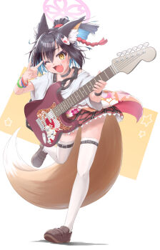 1girl :3 :d ;3 ;d absurdres alternate_costume alternate_hair_color alternate_hairstyle animal_ear_fluff animal_ears belt_collar black_hair blue_archive blue_hair blush bracelet brown_shoes collar colored_inner_hair commentary extra_ears eyelashes eyeshadow fang fox_ears fox_girl fox_hair_ornament fox_shadow_puppet fox_tail full_body guitar hair_intakes halo hands_up happy highres holding holding_guitar holding_instrument instrument izuna_(blue_archive) jewelry loafers looking_at_viewer makeup medium_hair miniskirt multicolored_hair multiple_bracelets one_eye_closed open_mouth pink_eyeshadow pink_halo plaid_clothes plaid_skirt pleated_skirt ponytail red_skirt shirt shoes short_sleeves simple_background skirt smile solo standing standing_on_one_leg star_(symbol) t-shirt tail tareme thighhighs tomonx two-tone_hair white_background white_shirt white_thighhighs wide_sleeves yellow_eyes zettai_ryouiki