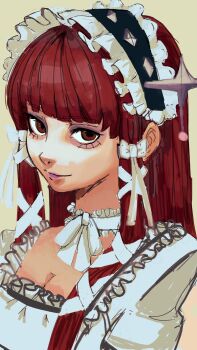 1girl absurdres aegyo_sal breasts choker cleavage closed_mouth commentary dress english_commentary frilled_choker frilled_dress frills gothic_lolita hairband hatsuno highres hime_cut lolita_fashion lolita_hairband long_hair looking_at_viewer persona persona_3 red_eyes red_hair ribbon ribbon_choker simple_background solo upper_body white_choker white_dress white_ribbon yoshino_chidori