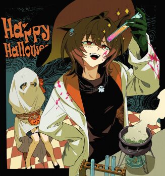 Rule 34 | 2girls, :d, agnes tachyon&#039;s trainer, agnes tachyon (umamusume), alcohol burner, alternate costume, animal ears, black dress, black hat, bound, candy, cauldron, commentary request, crying, dress, duyu (guliguli 056), female trainer (umamusume), food, ghost costume, hair between eyes, halloween bucket, happy halloween, hat, highres, holding, holding test tube, horse ears, horse girl, jewelry, korean commentary, long sleeves, medium hair, multiple girls, necklace, open mouth, red eyes, sheet ghost, sleeves past fingers, sleeves past wrists, smile, teeth, test tube, test tube rack, trainer (umamusume), umamusume, upper teeth only, witch hat