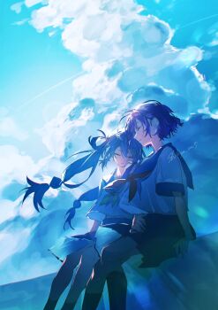 2girls aqua_hair blue_hair blue_sailor_collar blue_skirt blue_sky blue_theme closed_eyes cloud cloudy_sky contrail cumulonimbus_cloud floating_hair hair_rings highres long_hair low-tied_long_hair multiple_girls nanase_suzuna neckerchief nijisanji outdoors parted_lips pleated_skirt purple_hair sailor_collar school_uniform serafuku shikiya_0025 shirt short_hair short_sleeves signature sitting skirt sky tamanoi_nana twintails very_long_hair virtual_youtuber