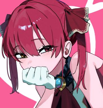 1girl absurdres ascot bare_shoulders bun_(bun_5u) choker commentary covering_own_mouth frilled_choker frills gloves heterochromia highres hololive houshou_marine houshou_marine_(1st_costume) leotard leotard_under_clothes looking_at_viewer no_eyepatch pink_background pirate red_ascot red_hair see-through_clothes see-through_leotard simple_background sleeveless sleeveless_jacket solo twintails virtual_youtuber white_gloves yellow_eyes