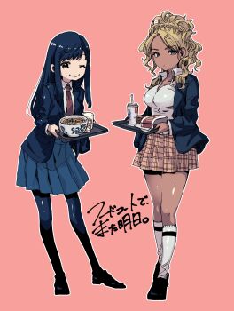 2girls black_eyes black_hair black_pantyhose blazer blonde_hair braid breasts brown_background commentary_request cup dark-skinned_female dark_skin disposable_cup drinking_glass drinking_straw fast_food food food_court_de_mata_ashita full_body gyaru highres holding holding_tray jacket kneehighs large_breasts long_hair looking_at_viewer miniskirt multiple_girls nariie_shin&#039;ichirou necktie noodles outline pantyhose plaid_clothes plaid_skirt pleated_skirt ramen red_background school_uniform simple_background skirt socks standing straight_hair translation_request tray wada_(food_court) wavy_hair white_outline white_socks yamamoto_(food_court)