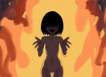 1girl :d backlighting black_eyes black_hair black_mouth bob_cut breasts collarbone commentary completely_nude cowboy_shot empty_eyes female_pubic_hair fire hair_between_eyes halloween hashtag-only_commentary highres horror_(theme) long_bangs loose_hair_strand monogatari_(series) narrowed_eyes navel nipples nude open_mouth oshino_ougi petite pubic_hair reaching reaching_towards_viewer shaded_face short_hair small_breasts smile solo spread_fingers standing straight-on thigh_gap veko_draw_friendo