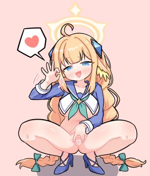 1girl ahoge blonde_hair blue_archive blue_eyes braid breasts censored halo heart highres large_breasts loli long_hair looking_at_viewer official_alternate_costume oppai_loli pussy scarfy_(scarfy_chang) shimiko_(blue_archive) shimiko_(magical)_(blue_archive) simple_background solo spoken_heart spread_pussy squatting variant_set