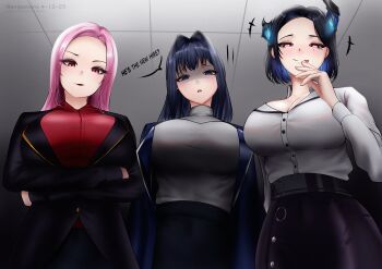 3girls absurdres alternate_costume artist_name asymmetrical_horns belt blue_eyes blue_hair breasts buttons colored_inner_hair commentary crossed_arms demon_girl demon_horns english_commentary english_text from_below heart heart-shaped_pupils highres hololive hololive_english horns indoors jacket large_breasts licking_lips light_blush long_hair long_sleeves looking_at_viewer mole mole_under_eye mori_calliope multicolored_hair multiple_girls nerissa_ravencroft office_lady ouro_kronii pink_hair pov red_eyes shaded_face shirt short_hair snipsman symbol-shaped_pupils tongue tongue_out virtual_youtuber white_shirt