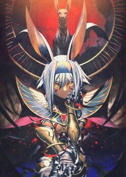 ancient_egyptian_clothes animal_ears ankh ankh_necklace asymmetrical_sidelocks bandaged_arm bandaged_leg bandages black_bandages blue_hair blue_skin breasts cape closed_mouth colored_skin cowboy_shot dark-skinned_female dark_skin expressionless facial_mark fate/grand_order fate_(series) game_cg glowing_skin gold_bracer hair_between_eyes hand_on_own_face hand_up jackal jackal_ears looking_at_viewer medium_breasts multicolored_hair multicolored_skin nitocris_(fate) nitocris_alter_(fate) nitocris_alter_(second_ascension)_(fate) no_pants official_art red_cape shima_udon short_hair sidelocks streaked_hair third-party_source torn_cape torn_clothes two-tone_skin very_dark_skin white_hair yellow_eyes