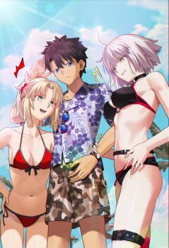!? 1boy 2girls ahoge bikini black_bikini black_hair blonde_hair blue_eyes blue_sky breasts cleavage commentary english_commentary fate/grand_order fate_(series) fujimaru_ritsuka_(male) fujimaru_ritsuka_(male)_(tropical_summer) green_eyes grey_hair hawaiian_shirt highres jeanne_d&#039;arc_alter_(fate) jeanne_d&#039;arc_alter_(swimsuit_berserker)_(fate) longdq3008 medium_breasts mordred_(fate) mordred_(swimsuit_rider)_(fate) multiple_girls navel official_alternate_costume outdoors red_bikini shirt short_hair sky small_breasts stomach sweatdrop swimsuit takeuchi_takashi_(style) yellow_eyes