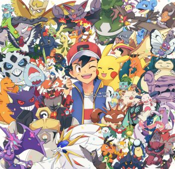 1boy absurdres alternate_color ambipom anger_vein arms_up ash_ketchum baseball_cap bayleef bird black_hair blue_vest boldore bracelet bright_pupils brown_eyes buizel bulbasaur butterfree charizard claws closed_eyes closed_mouth clothed_pokemon commentary_request confetti corphish derayuki1567 donphan dracovish dragon dragon_wings dragonite fire food gen_1_pokemon gen_2_pokemon gen_3_pokemon gen_4_pokemon gen_5_pokemon gen_6_pokemon gen_7_pokemon gen_8_pokemon gengar gible gliscor goodra greninja grin hat hawlucha heracross highres holding holding_food holding_removed_eyewear holding_shield holding_spring_onion holding_vegetable holding_weapon horns infernape jewelry kingler krookodile lapras larvitar legendary_pokemon long_tongue lucario lycanroc lycanroc_(dusk) male_focus melmetal mr._mime muk mythical_pokemon naganadel nintendo noctowl noivern nostrils nut_(hardware) on_shoulder one-eyed one_eye_closed open_clothes open_mouth open_vest oshawott palpitoad pidgeot pignite pikachu pokemon pokemon_(anime) pokemon_(creature) pokemon_journeys pokemon_on_shoulder primeape quilava red-framed_eyewear red_eyes red_hat rowlet scarf sceptile scraggy sharp_teeth shield shiny_pokemon shirt short_hair short_sleeves sirfetch'd smile snivy snorlax solgaleo spring_onion squirtle staraptor sunglasses swellow tauros teeth tongue tongue_out torkoal torterra totodile tusks ultra_beast unfezant unfezant_(female) unworn_eyewear upper_teeth_only v-shaped_eyes vegetable very_long_tongue vest weapon white_pupils white_shirt wings yellow_scarf
