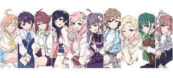 Rule 34 | 6+girls, :d, ^ ^, ahoge, alt text, animal ear headphones, animal ears, azabu mai, bike shorts, black sash, black shorts, black thighhighs, blonde hair, blue cross tie, blue dress, blue eyes, blue hair, blue jacket, blue shorts, blunt bangs, bow, breasts, brown hair, brown pantyhose, brown skirt, cat ear headphones, cat ears, center frills, chofu noriko, cleavage, cleavage cutout, closed eyes, closed mouth, clothing cutout, collarbone, collared shirt, column lineup, commentary request, computer, criss-cross halter, cropped shirt, cross tie, dress, fake animal ears, frilled dress, frilled shirt, frills, goto akira, green eyes, green hair, green jacket, grin, hair bow, hair ornament, hair scrunchie, halter shirt, halterneck, harumiya yukuri, headphones, highres, holding, holding laptop, ikizulive! love live! bluebird, invisible chair, jacket, japanese clothes, kanazawa miracle, kimono, komagata hanabi, konohana aurora, laptop, layered sleeves, loafers, long hair, long sleeves, looking at viewer, love live!, midriff, miniskirt, multiple girls, navel, necktie, obi, one side up, open clothes, open jacket, open mouth, orange hair, pantyhose, pinafore dress, pink hair, pink necktie, pink scrunchie, ponytail, purple dress, purple eyes, purple hair, ribbed sweater, sailor collar, sailor shirt, sasaki shion, sash, school uniform, scrunchie, shirt, shoes, short-sleeved jacket, short hair, short over long sleeves, short shorts, short sleeves, shorts, sidelocks, simple background, sitting, skirt, sleeveless, sleeveless dress, smile, squatting, star (symbol), star hair ornament, strapless, strapless dress, sweater, takahashi polka, thighhighs, turtleneck, two side up, v, v over eye, very long hair, wavy hair, white background, white bow, white jacket, white kimono, white sailor collar, white shirt, white shoes, white sweater, yamada midori, yozorapi