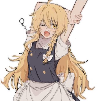 1girl apron arm_behind_back black_skirt black_vest blonde_hair bow braid ebuna hair_bow highres kirisame_marisa one_eye_closed open_mouth shirt side_braid single_braid skirt squeans stretching touhou turtleneck vest waist_apron white_bow white_shirt yawning yellow_eyes