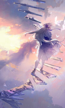 1girl absurdres bird blue_streaks boots cloud cloudy_sky commentary dress floating_hair floating_stairs flower full_body grey_boots grey_hair hair_flower hair_ornament high_heel_boots high_heels highres isekaijoucho kamitsubaki_studio long_hair looking_to_the_side multicolored_hair on_stairs outdoors purple_flower red_streaks sky solo stairs streaked_hair sunlight surreal twilight two-tone_hair very_long_hair virtual_youtuber walking walluka white_bird