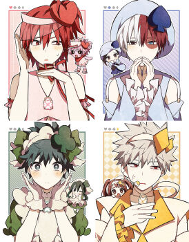 Rule 34 | 4boys, 4girls, amulet clover, amulet dia, amulet heart, amulet spade, anger vein, antennae, ashido mina, asui tsuyu, bakugou katsuki, black hair, black sclera, blonde hair, blue eyes, blue hat, blue shorts, blush, boku no hero academia, border, brown hair, chibi, chibi inset, choker, club hair ornament, coi mha, colored sclera, colored skin, diamond hair ornament, dress, flower choker, gloves, green hair, grey eyes, hair between eyes, hair ornament, hairband, hand on own chest, hands on own cheeks, hands on own face, hat, headset, heart, heart hair ornament, heterochromia, highres, jacket, kirishima eijiro, long hair, maid headdress, midoriya izuku, multicolored hair, multiple boys, multiple girls, neck ribbon, on shoulder, one eye closed, open mouth, own hands together, parted lips, pink dress, pink hair, pink skin, playing card theme, red eyes, red hair, red ribbon, ribbon, ribbon choker, scar, scar across eye, scar on face, short hair, shorts, shugo chara!, side ponytail, smile, spade hair ornament, spiked hair, sweatdrop, swept bangs, todoroki shoto, twintails, two-tone hair, upper body, uraraka ochako, visor cap, white border, white gloves, white hair, white hairband, white jacket, yaoyorozu momo, yellow eyes