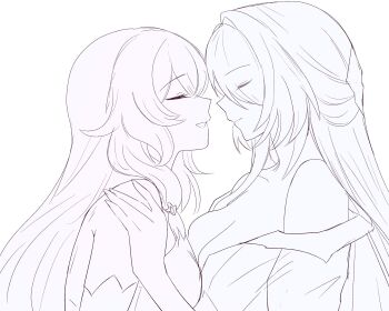 2girls acheron_(honkai:_star_rail) black_swan_(honkai:_star_rail) breast_press breasts cleavage closed_eyes closed_mouth commentary english_commentary facing_another from_side hair_ornament hand_on_another's_shoulder highres honkai:_star_rail honkai_(series) lineart long_hair medium_breasts multiple_girls off_shoulder open_mouth samlatte sketch smile symmetrical_docking yuri