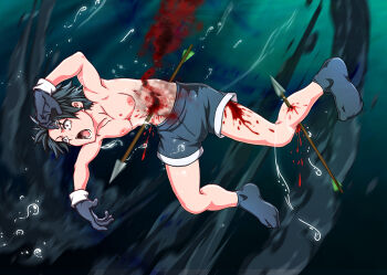1boy absurdres asphyxiation blood blood_splatter bow dying firing gloves guro highres male_gore male_ryona monotorino_guuwa muscular muscular_child muscular_male nipples original rope ryona shoes shoot shorts shot shota skewer sneakers solo thighs water
