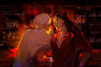 2boys bar_(place) black_hair blue_eyes cigarette collared_shirt cup earrings getou_suguru glasses gojou_satoru hair_between_eyes hair_bun highres holding holding_cup jewelry jujutsu_kaisen kimberlysc91322 locked_arms long_hair male_focus multiple_boys shirt short_hair sleeves_rolled_up smoking tavern upper_body white_hair white_shirt yaoi