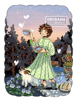 Rule 34 | 1girl, artist name, blush stickers, border, brown hair, bug, butterfly, closed mouth, commentary, cup, dog, dress, english commentary, full body, gradient sky, green dress, hand up, holding, holding cup, holding plate, insect, long sleeves, o ku da ma, original, outdoors, plate, short hair, sky, slippers, smile, solo, teacup, teapot, tree, white border, white butterfly