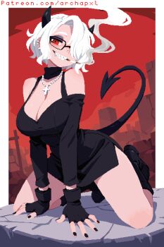 1girl all_fours archapxl artist_name black_boots black_dress black_gloves black_horns black_nails boots breasts cigarette cleavage cross cross_necklace demon demon_girl demon_horns demon_tail dress fingerless_gloves glasses gloves hair_over_one_eye helltaker highres horns jewelry kneeling large_breasts looking_at_viewer necklace piercing pixel_art red_eyes sharp_teeth short_hair smoking tail teeth watermark web_address white_hair zdrada_(helltaker)
