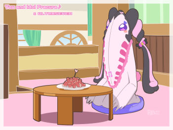 Rule 34 | 1girl, alien, aoneco, artist logo, artist name, beamed eighth notes, black hair, blush stickers, border, bow, butterfly bow, chabudai, colored skin, commentary, copyright name, crossover, curtains, cushion, dated, english text, facial mark, food, fur trim, fusion, hair bow, heart, heart facial mark, indoors, kimi to idol precure, legs together, logo, looking ahead, meroron (fairy) (precure), meroron (precure), metron seijin, monster, multicolored hair, musical note, parody, pink bow, pink hair, pink skin, pink tail, plate, precure, purple eyes, sausage, seiza, sitting, solo, star-shaped pupils, star (symbol), symbol-shaped pupils, table, tail, tokusatsu, twintails, two-tone hair, ultra series, ultraseven (series), white border, zabuton