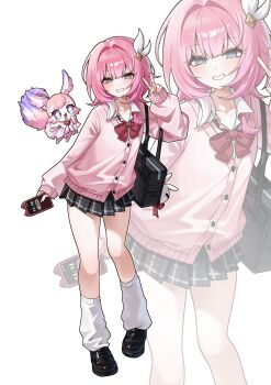 1girl absurdres alternate_costume bag black_shoes black_skirt blue_eyes commentary cyrene_(honkai:_star_rail) cyrene_(philia093)_(honkai:_star_rail) highres holding holding_phone honkai:_star_rail honkai_(series) leg_warmers looking_at_viewer mem_(honkai:_star_rail) miniskirt multicolored_hair nhom_(woogi) phone pink_hair pink_sweater school_bag school_uniform shoes short_hair simple_background skirt star-shaped_pupils star_(symbol) sweater symbol-shaped_pupils two-tone_hair white_hair white_leg_warmers