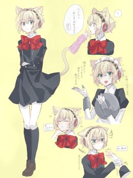 1boy 1other 2girls :&lt; :d ? aigis_(persona) android animal_ears black_jacket black_skirt black_socks blonde_hair bow brown_shoes cat_ears cat_girl cat_tail character_request closed_eyes commentary cropped_torso disembodied_hand double-parted_bangs full_body gekkoukan_high_school_uniform gold_hairband grabbing_another&#039;s_hand green_eyes hair_between_eyes hairband hand_on_another&#039;s_chin hands_up hashtag-only_commentary highres holding holding_tray jacket kneehighs long_sleeves looking_at_another looking_at_viewer maid maid_headdress mochizuki_ryouji multiple_girls open_mouth persona persona_3 pink_sleeves red_bow robot_ears sakizome school_uniform shoes short_hair short_sleeves simple_background skirt smile socks spoken_question_mark squiggle symbol-only_commentary tail takeba_yukari translation_request tray yellow_background