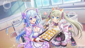 Rule 34 | 2girls, :d, :t, animal-themed food, animal ears, animal print, apron, assault lily, baking sheet, bell, black apron, blue eyes, blue hair, blush, bow, bowtie, braid, breasts, cat ears, cat girl, cat print, cat tail, chalkboard, classroom, cleavage, closed mouth, commentary request, cookie, copyright notice, curtains, day, detached collar, dress, eating, fang, fish hair ornament, floating hair, flower symbol, food, frilled dress, frilled thighhighs, frilled wrist cuffs, frills, grey hair, hair ornament, hair ribbon, hands up, heart, heart-shaped cookie, heart-shaped food, holding, holding cookie, holding food, indoors, jingle bell, kanabako misora, kemonomimi mode, long hair, looking at another, maid, maid headdress, medium breasts, mori tatsuki, multiple girls, neck bell, official alternate costume, official alternate hairstyle, official art, open mouth, oven mitts, print apron, puffy short sleeves, puffy sleeves, purple bow, purple bowtie, purple dress, purple eyes, purple ribbon, ribbon, ribbon-trimmed dress, ribbon trim, short sleeves, sidelocks, smile, sparkle, standing, stove, tail, thighhighs, twin braids, twintails, two-tone dress, very long hair, waist apron, white apron, white dress, white thighhighs, window, wrist cuffs
