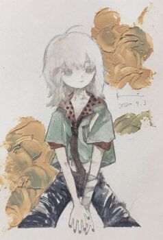 Rule 34 | 1girl, acrylic paint (medium), bandaged arm, bandages, bare arms, black pants, closed mouth, commentary request, dated, expressionless, green shirt, grey eyes, highres, karintoun, long hair, long sleeves, looking at viewer, medium hair, messy hair, muted color, nail polish, necktie, original, painting (medium), pale skin, pants, portrait, ribbon, shadow, shirt, signature, simple background, straddling, straight hair, swept bangs, traditional media, watercolor (medium), white hair