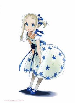 1girl absurdres ano_hi_mita_hana_no_namae_wo_bokutachi_wa_mada_shiranai. blue_eyes bow dress floral_print full_body grey_hair hair_bow hair_bun highres honma_meiko incredibly_absurdres long_hair looking_at_viewer mary_janes open_mouth pantyhose scan shoes sidelocks smile solo tanaka_masayoshi white_pantyhose