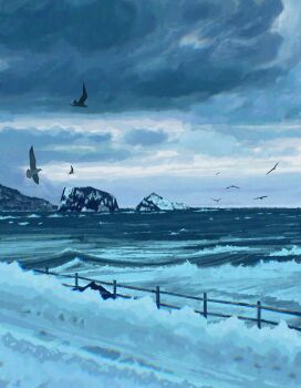 absurdres bird chinese_commentary commentary_request day fangpeii highres hill landscape no_humans ocean original outdoors overcast scenery seagull shore simple_bird sky snow waves winter