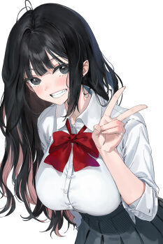 1girl black_eyes black_hair blue_skirt blush bow breasts commentary emyo highres large_breasts long_hair looking_at_viewer multicolored_hair original pink_streaks pleated_skirt red_bow shirt simple_background skirt solo standing streaked_hair upper_body v white_background white_shirt