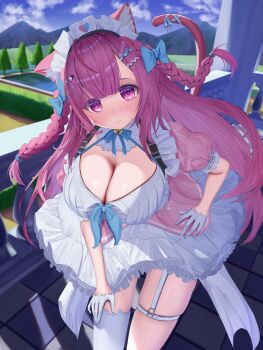 1girl absurdres ahoge animal_ears animal_print bell belt blue_bow blue_ribbon blue_sky blush bow breasts bur99er cat_ears cat_girl cat_hair_ornament cat_print cat_tail checkered_floor cleavage cleavage_cutout closed_mouth clothing_cutout cloud cloudy_sky day dress garter_straps gloves hair_bow hair_ornament hairclip heart heart_print highres huge_breasts indie_virtual_youtuber jingle_bell leaning_forward long_hair looking_at_viewer maid maid_headdress mountainous_horizon neck_bell neck_ribbon paw_print pink_dress pink_eyes pink_hair pink_tail ribbon short_sleeves single_garter_strap single_thighhigh sky solo star_(symbol) star_hair_ornament suspenders sweat tail tail_ornament tail_ribbon thigh_belt thigh_strap thighhighs thighs tree two_side_up virtual_youtuber white_belt white_dress white_garter_straps white_gloves white_thighhighs yuuki_sakuna