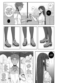 Rule 34 | ..., absurdres, bag, bandaid, bandaid on cheek, bandaid on face, black pantyhose, box, box of chocolates, closed mouth, collarbone, collared shirt, commentary, english commentary, english text, eyepatch, faceless, faceless male, false smile, frown, hh (hehexd06161704), highres, holding, holding bag, holding umbrella, looking at another, looking at viewer, medical eyepatch, open mouth, original, pantyhose, rain, shirt, shoes, short hair, short sleeves, smile, speech bubble, umbrella, wet, wet clothes, wet hair, wet shirt